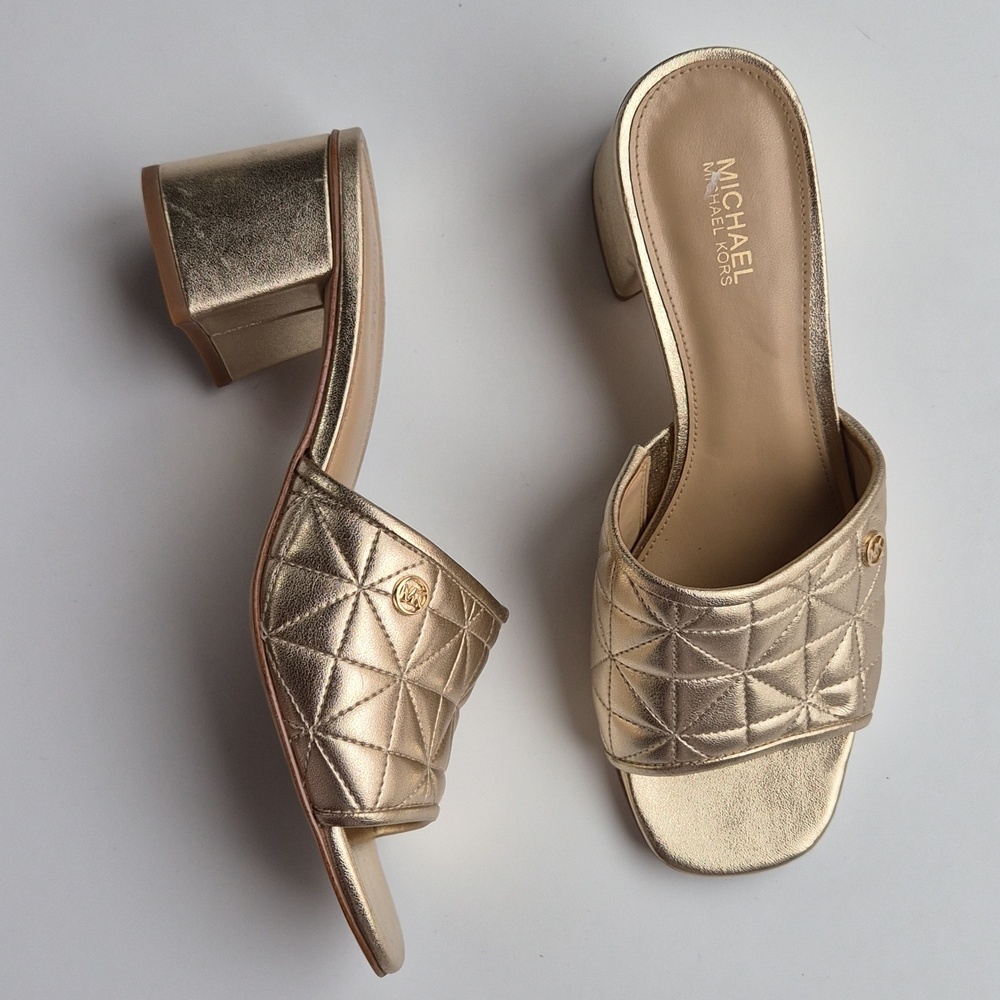 Michael Kors Metallic Gold Quilted Block Heel Mules - Picture 3 of 11